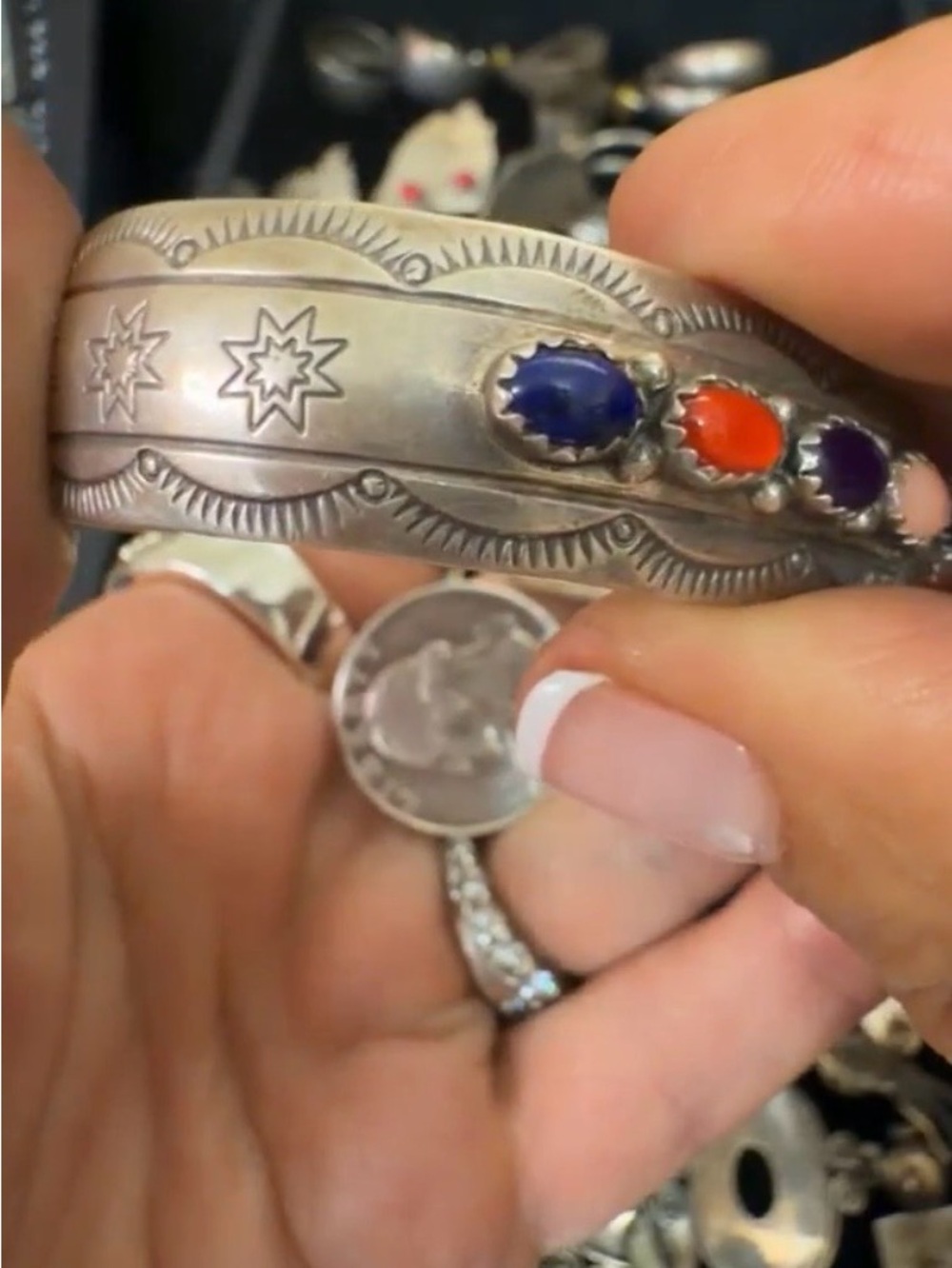 Multistone Sterling Silver Cuff Bracelet - Colorful Gem Accents Yazzie - Picture 5 of 16